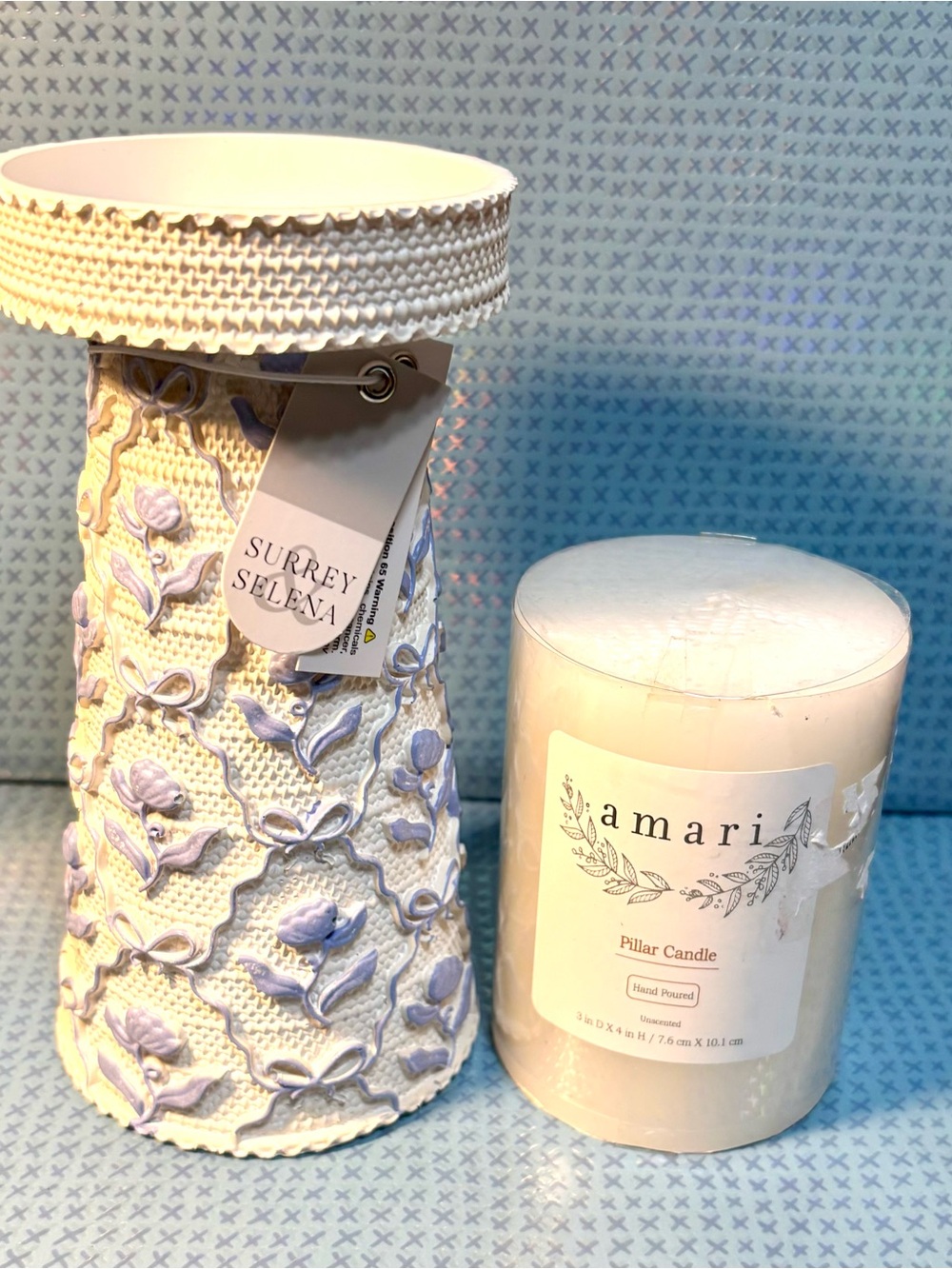 Surrey & Selena Pillar Candle Holder Floral  Leaves Bows + Amari Candle DH1003